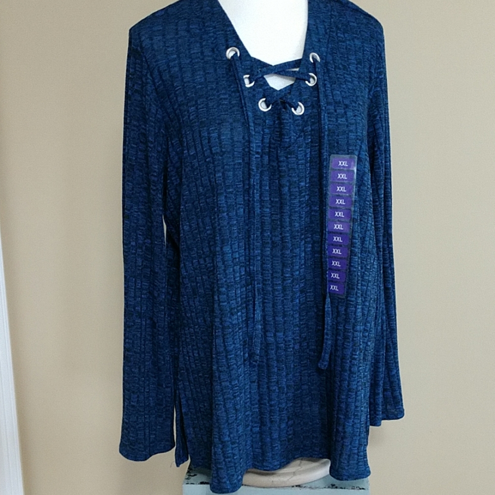 NEW Sweater Tunic Lace Up Grommet Navy Blue Split Side Soft Women's Chenault XXL - Picture 2 of 8